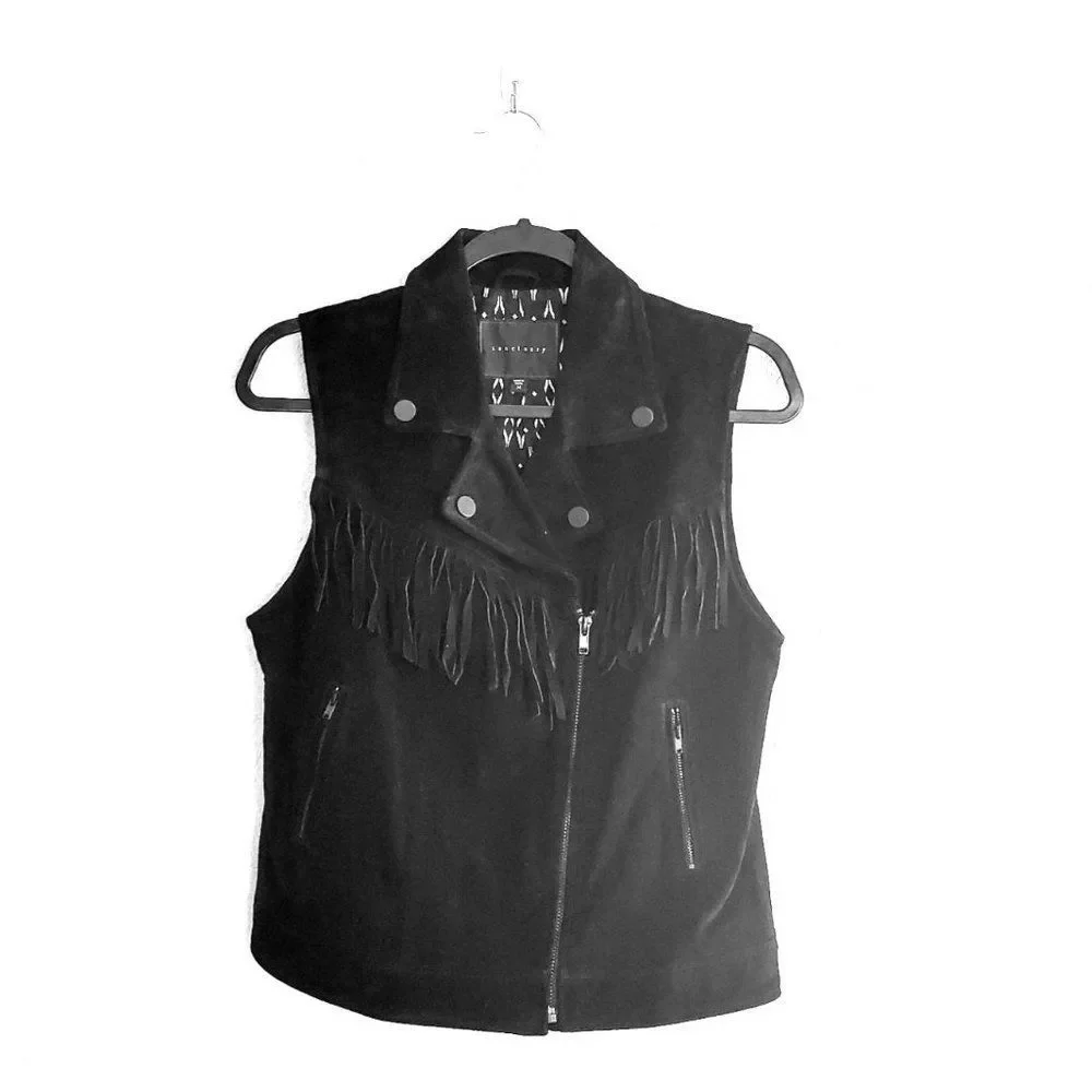 Sanctuary Womens Vest Black M 100% Genuine Leather Suede Fringe  Full Zip Moto
